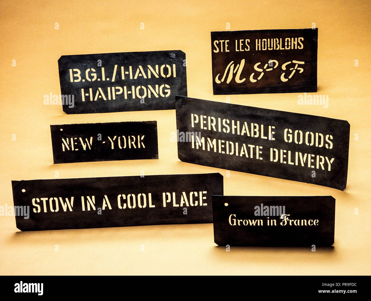 Stencils used for lettering hop bags, Alsace, France, Europe, Stock Photo