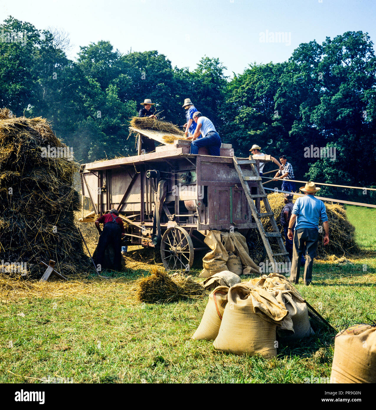 Summer 1971, farmers harvesting wheat, threshing machine, Brittany, France, Europe, Stock Photo