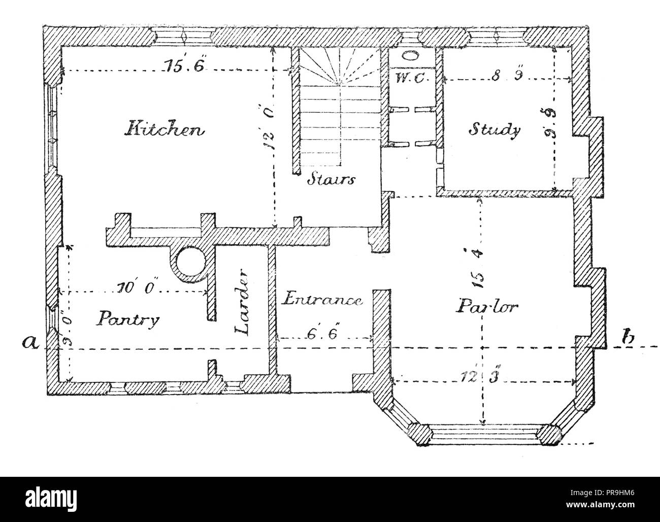 19th century illustration of a Ground plan of a cottage in the Domestic Gothic or Tudor Style. (The Tudor architectural style is the final development Stock Photo