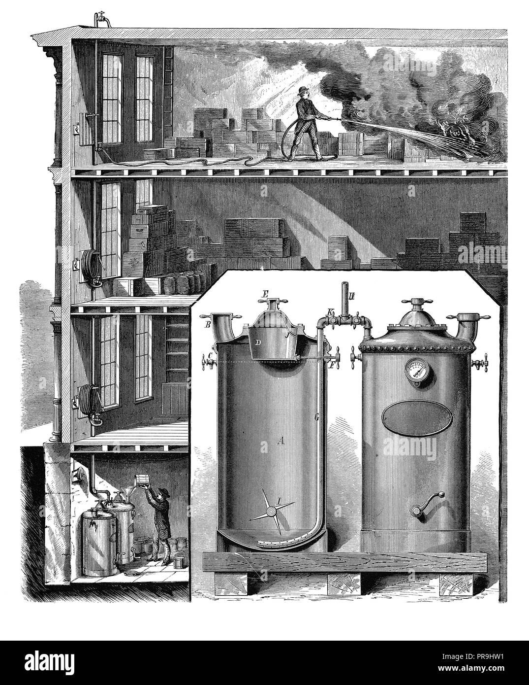 19th century illustration of the Babcock self-acting fire tank. Published in 'The Practical Magazine, an Illustrated Cyclopedia of Industrial News, In Stock Photo