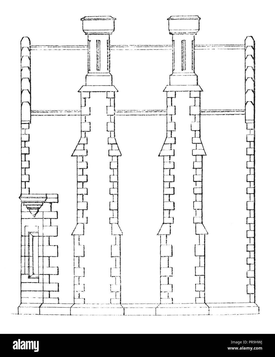 19th century illustration of West end elevation of a cottage in the Domestic Gothic or Tudor Style. Published in 'The Practical Magazine, an Illustrat Stock Photo