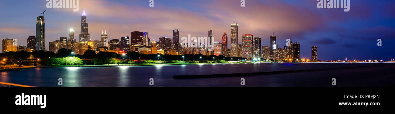 Long exposure panorama of the Chicago Loop skyline Stock Photo