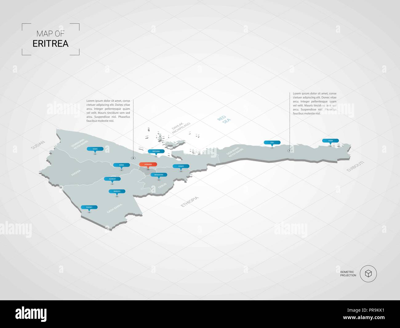 Isometric  3D Eritrea map. Stylized vector map illustration with cities, borders, capital, administrative divisions and pointer marks; gradient backgr Stock Vector