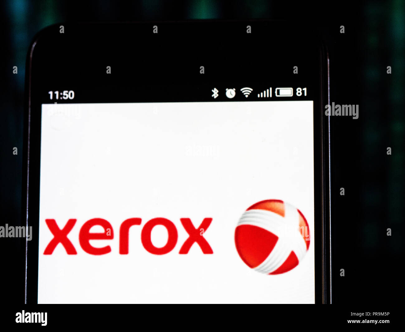Xerox Corporation logo seen displayed on smart phone. Xerox Corporation is an American global corporation that sells print and digital document solutions, and document technology products in more than 160 countries. Stock Photo
