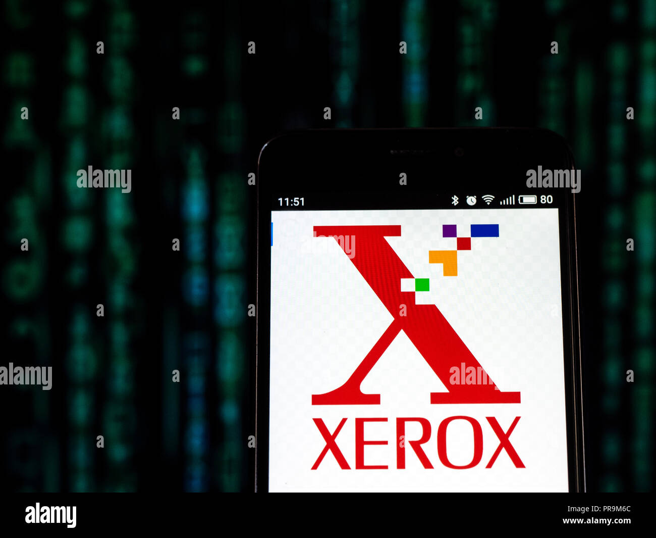 Xerox Corporation logo seen displayed on smart phone. Xerox Corporation is an American global corporation that sells print and digital document solutions, and document technology products in more than 160 countries. Stock Photo