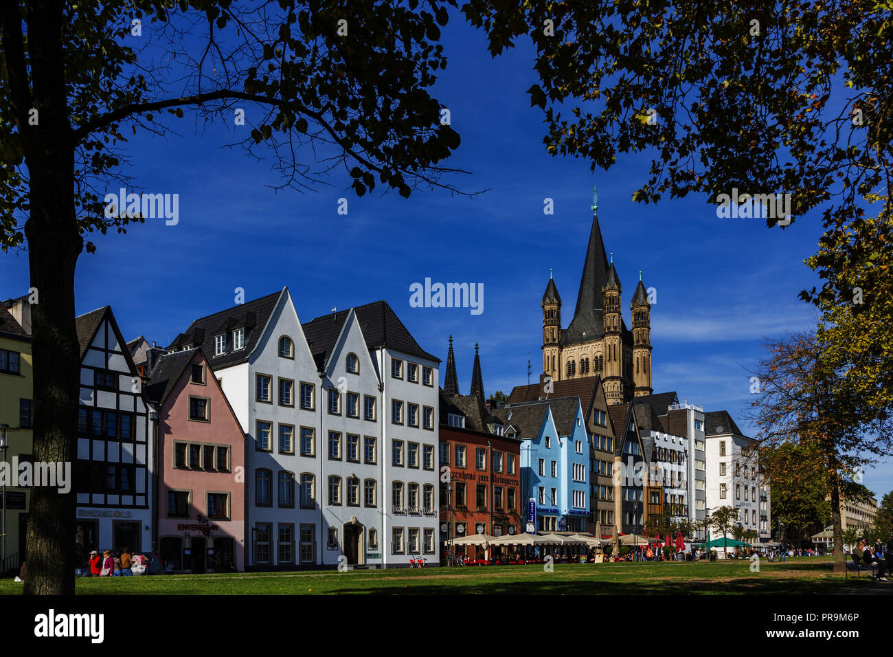 Buildings along Frankenwerft, Rheingarten, with church Great St Martin