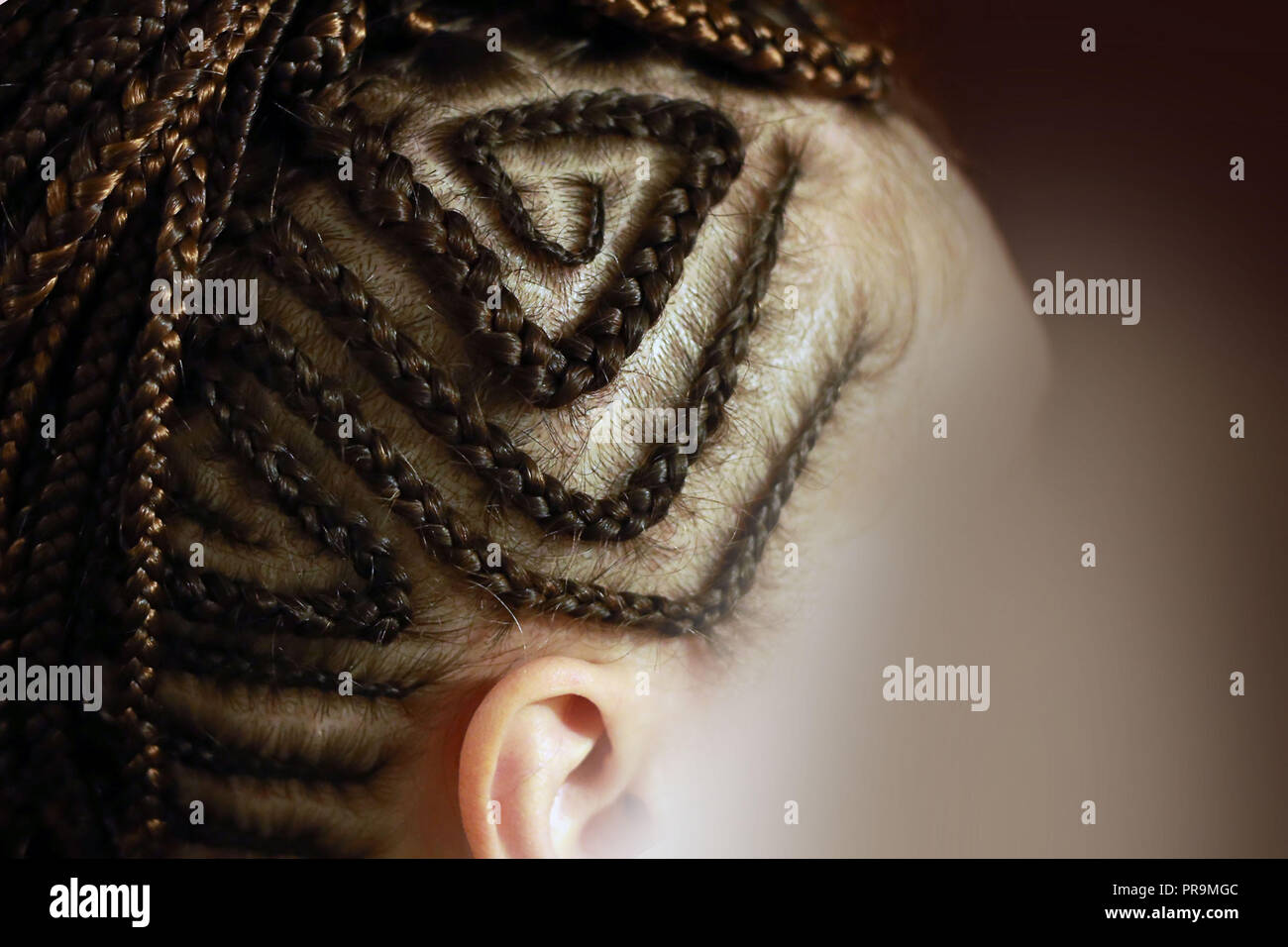 head of a girl with braided hair, small braids African-style on Stock Photo
