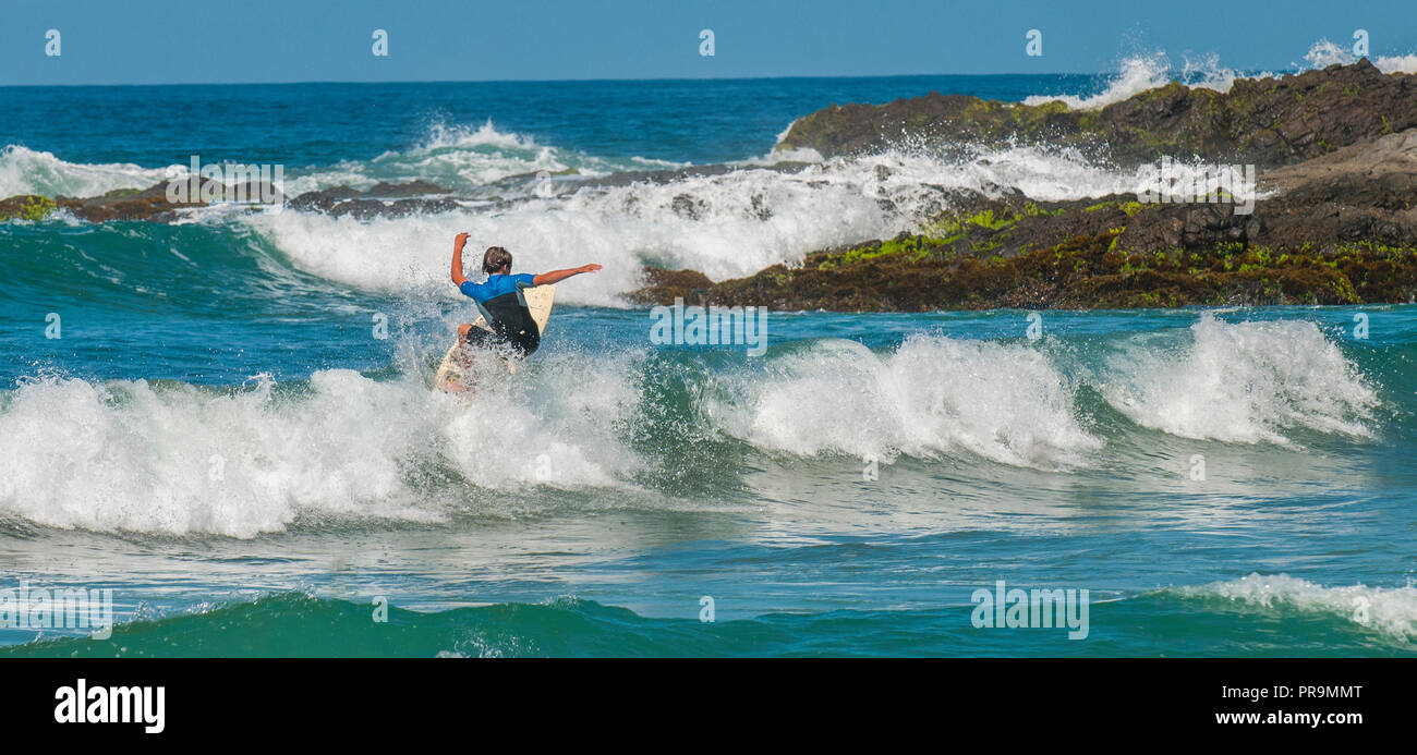 Surfing in Los cerritos beach, todos santos baja california sur, near la paz bay. MEXICO Stock