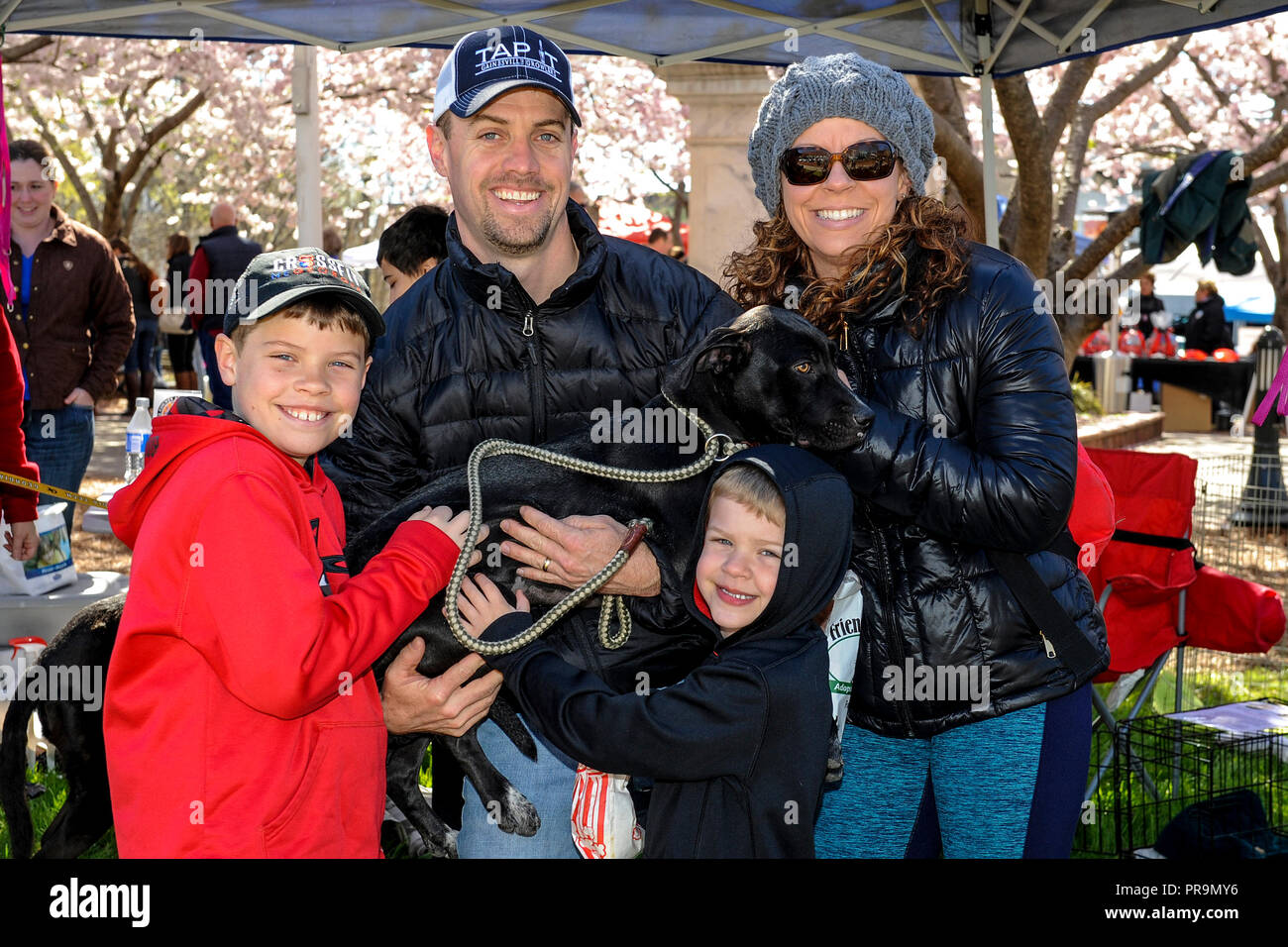 A family adopts a dog during 'Mutts on Main Street' in Gainesville, GA, March  2015. Stock Photo