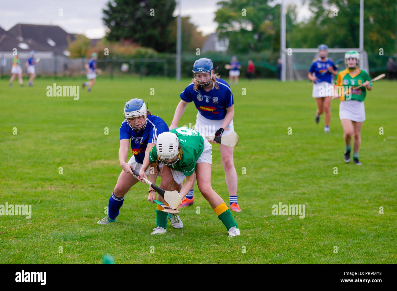 Ladies Kildare Junior Camogie Championship Final between Celbridge and Kilcock being played at the Kilcock GAA Club, County Kildare, Ireland. Stock Photo