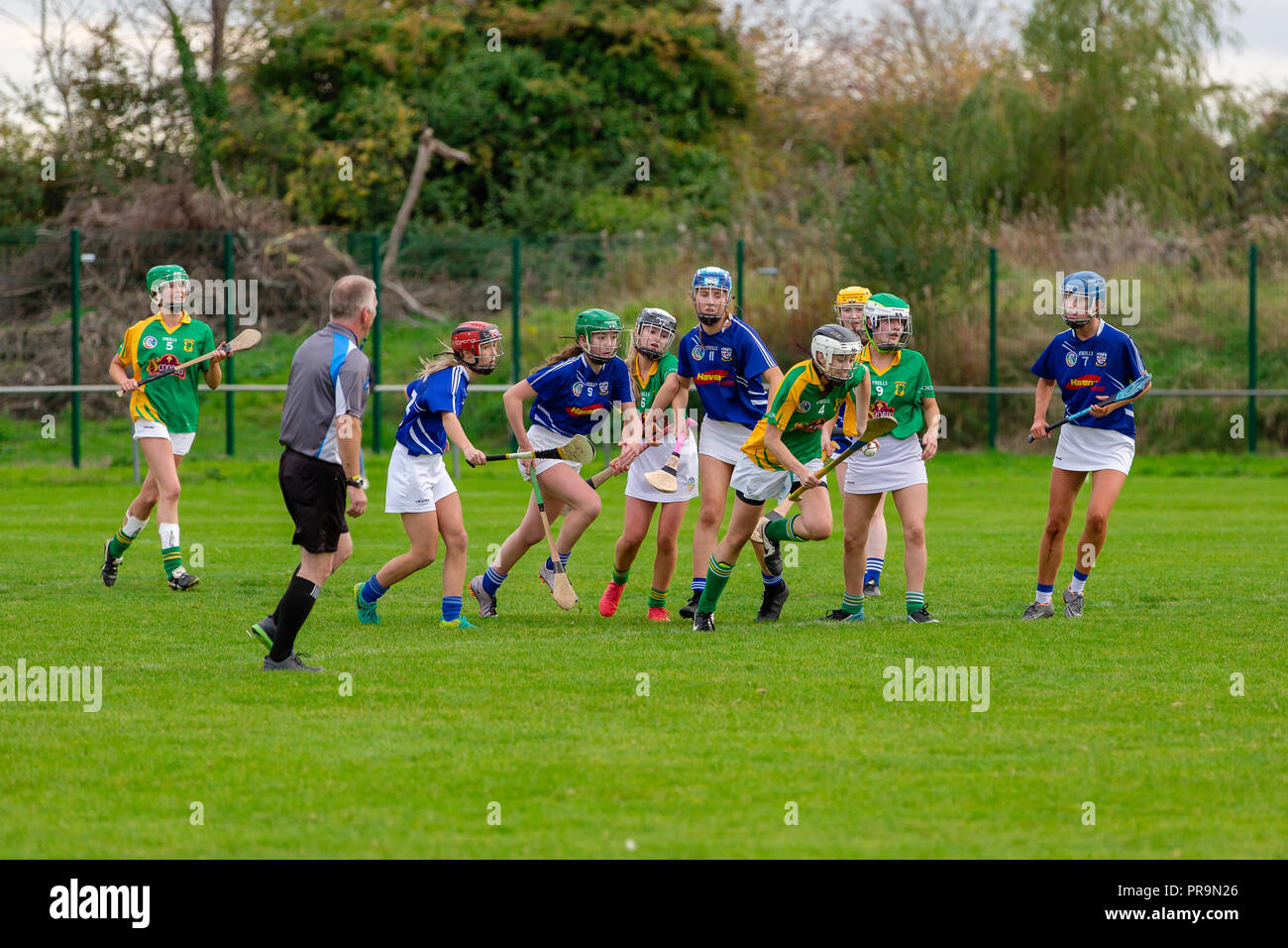 Ladies Kildare Junior Camogie Championship Final between Celbridge and Kilcock being played at the Kilcock GAA Club, County Kildare, Ireland. Stock Photo