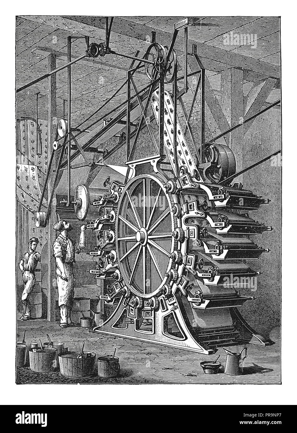 19-th century illustration of paper machine printing with 10 colors. Published in 'Novoveki Izumi u znanosti, obrtu i umjetnosti' by dr. Bogoslav Sule Stock Photo