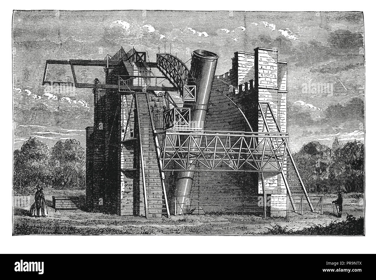 19-th century illustration of Rosse six-foot telescope - a historic reflecting telescope of 72 in (1.8 m) aperture, which was the largest telescope in Stock Photo