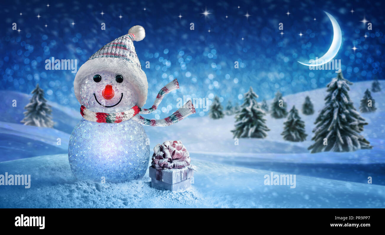 Happy New Year with Snowman and Christmas Stock Photo
