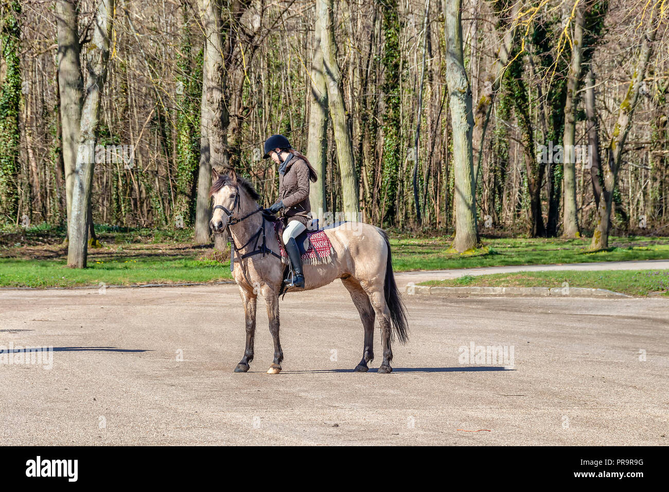 Woman riding the horse in the gardens of Versailles palace in Paris