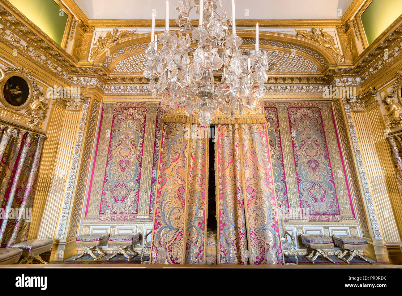 Versailles, France - March 14, 2018: Versailles Royal Apartment - The King's room with the King's Bedroom, created in 1701 where lived Louis XIV until Stock Photo