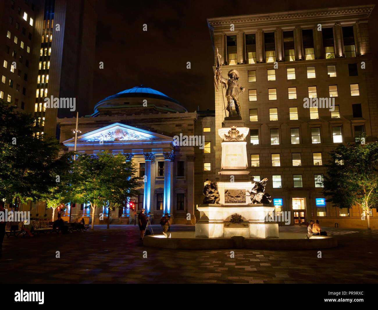 Place d'Armes, Old Montreal, Quebec.  Monument in memory of Paul de Chomedey, founder of Montreal. Stock Photo