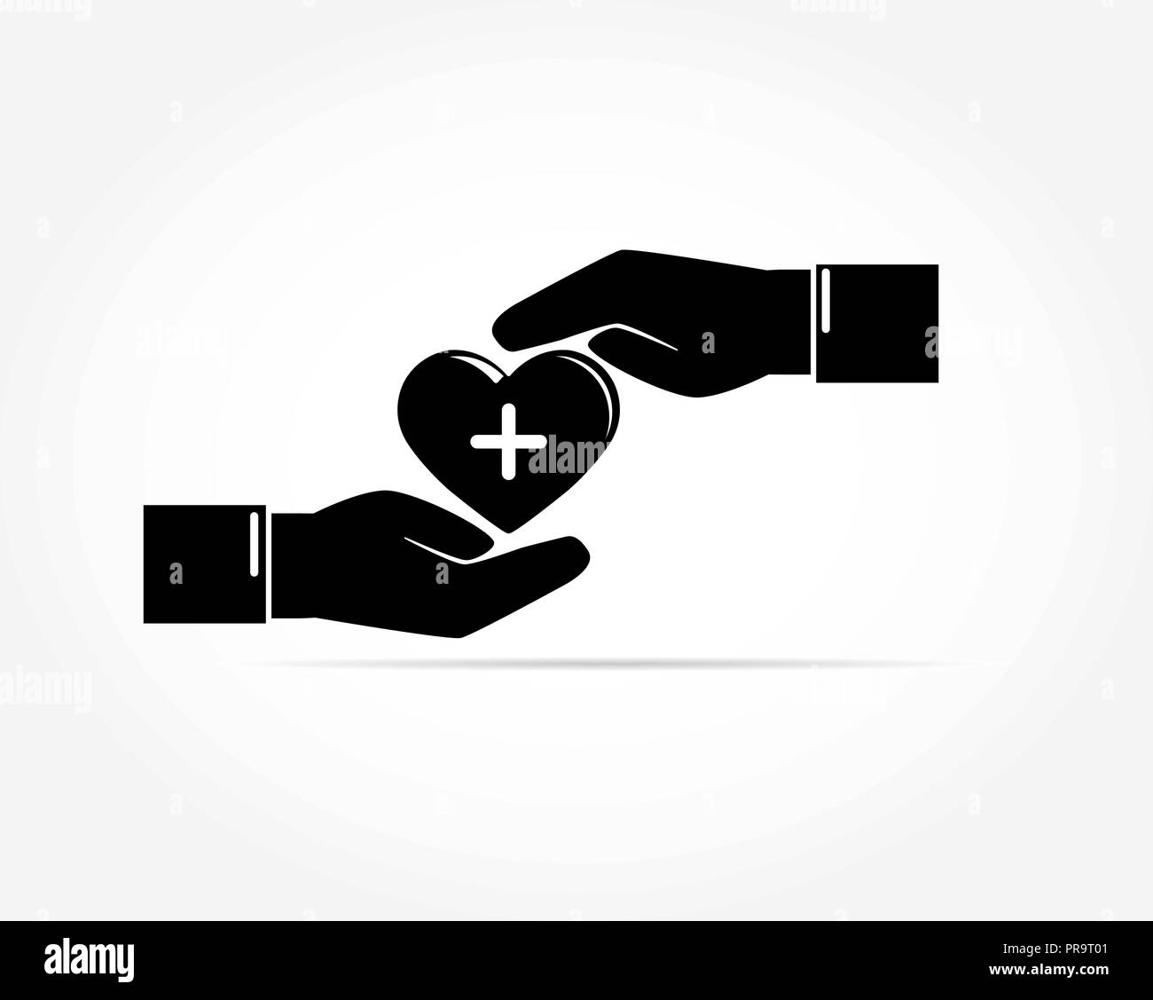 The silhouette of the heart gently covers the palms of two outstretched hands Stock Vector