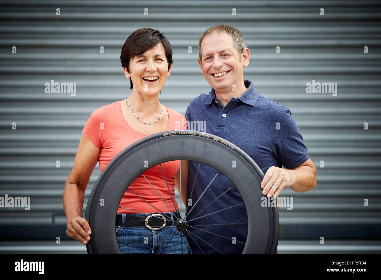 Nigel and Mandy Bishop from Oldham based internet retailer Fawkes Cycles, Mandy won the World Championship road race at Goodwood in the 1980s Stock Photo