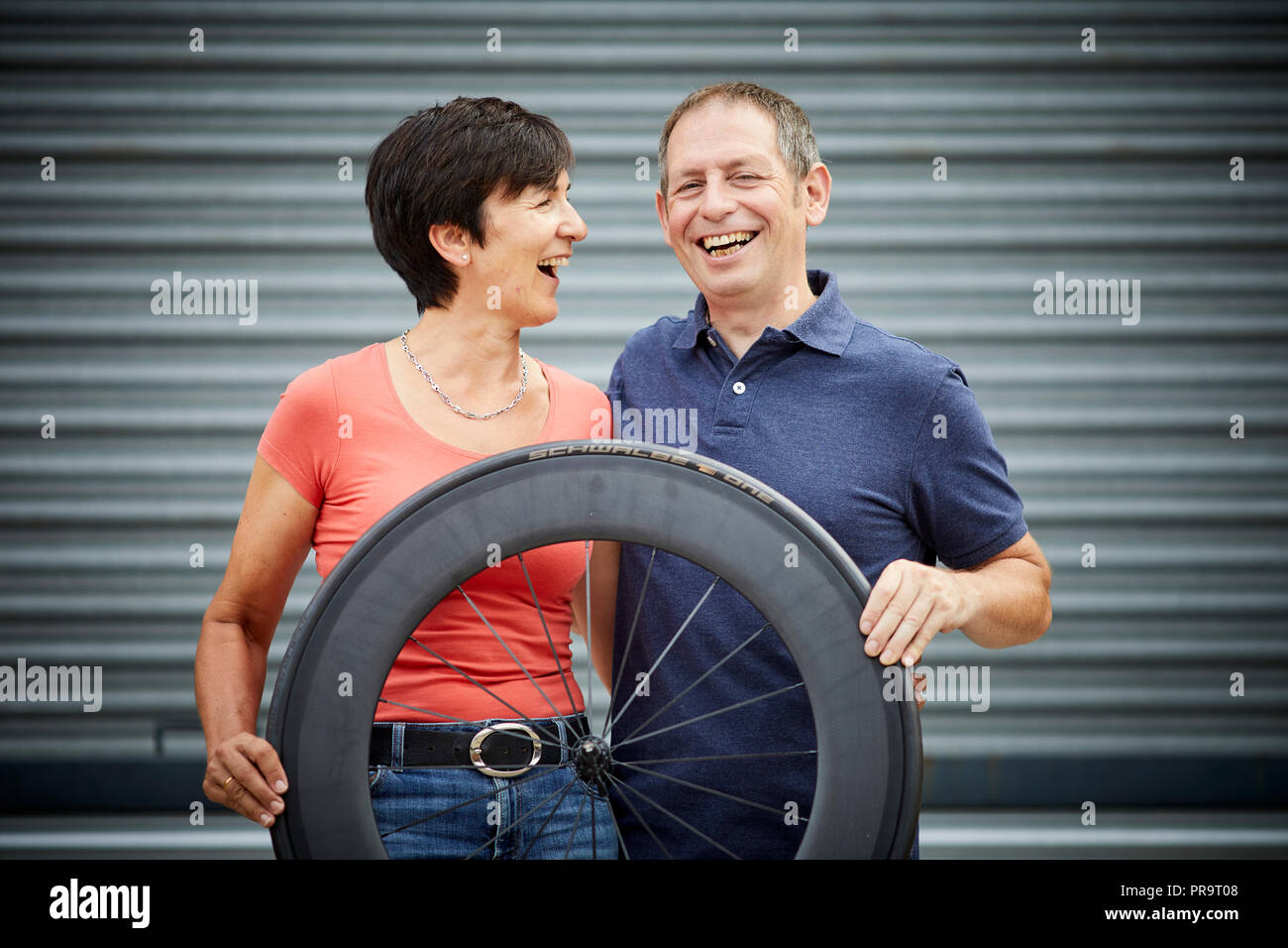 Nigel and Mandy Bishop from Oldham based internet retailer Fawkes Cycles, Mandy won the World Championship road race at Goodwood in the 1980s Stock Photo