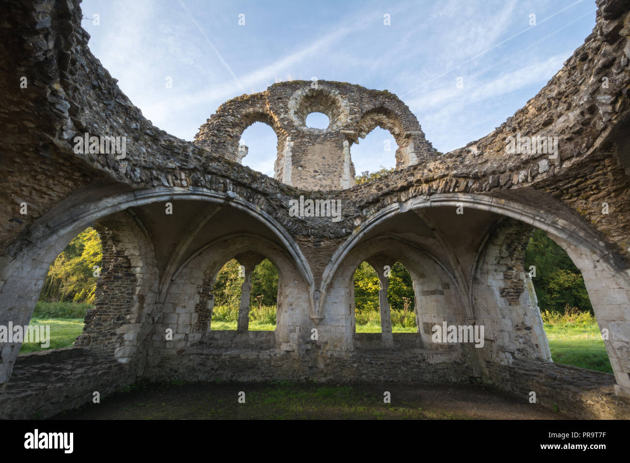 Waverley Abbey, the ruins of the first Cistercian monastery built in England (founded in 1128) in Surrey, UK. Undercroft of the lay brothers refectory Stock Photo
