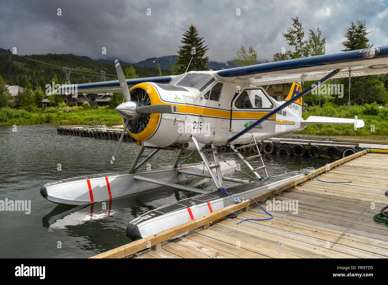 WHISTLER, BC, CANADA - JUNE 2018: De Havilland Beaver seaplane operated by Harbour Air tied up at the seaplane terminal in Whistler. Stock Photo