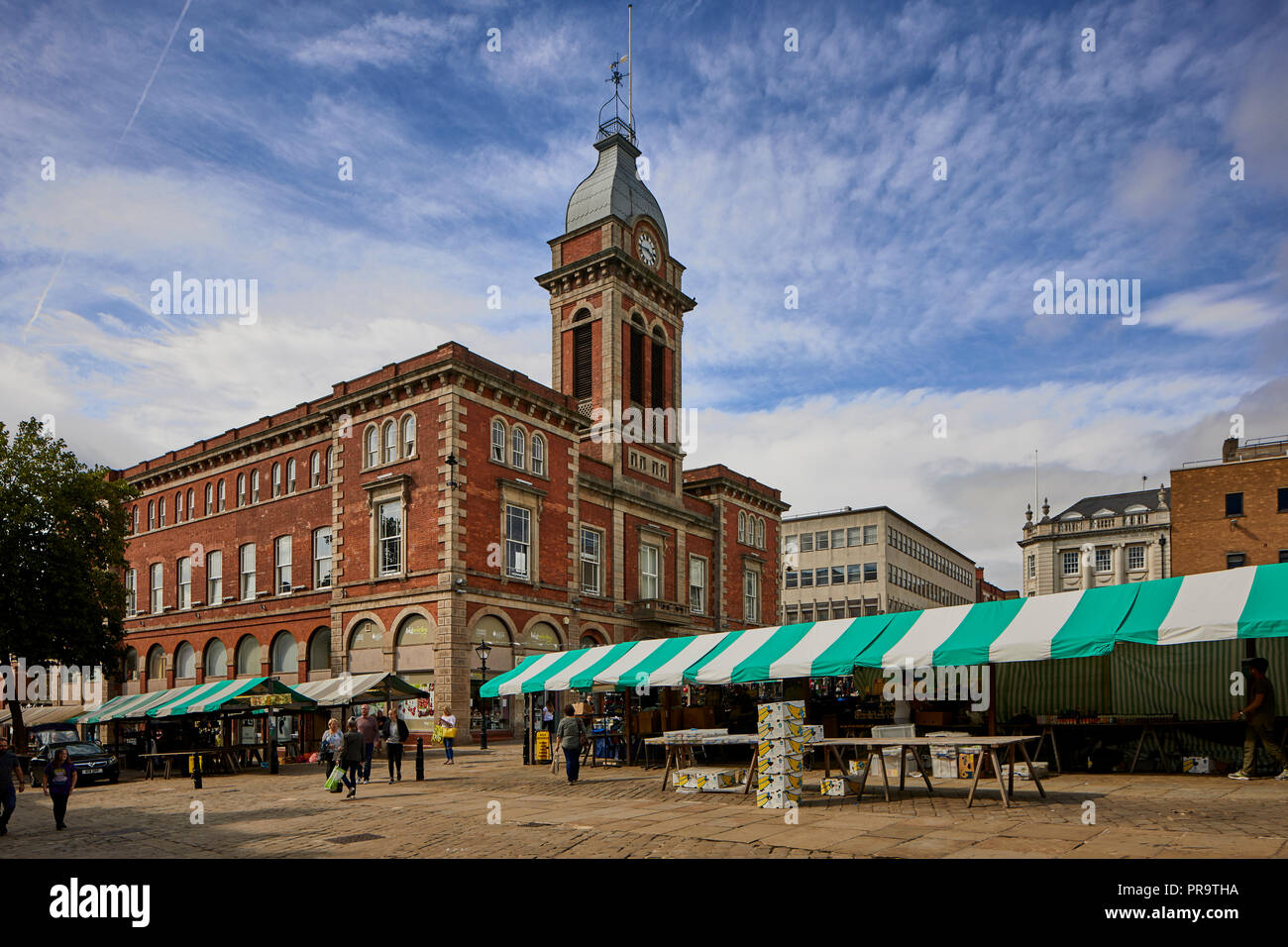 Chesterfield market town in Derbyshire market Hall building and outside