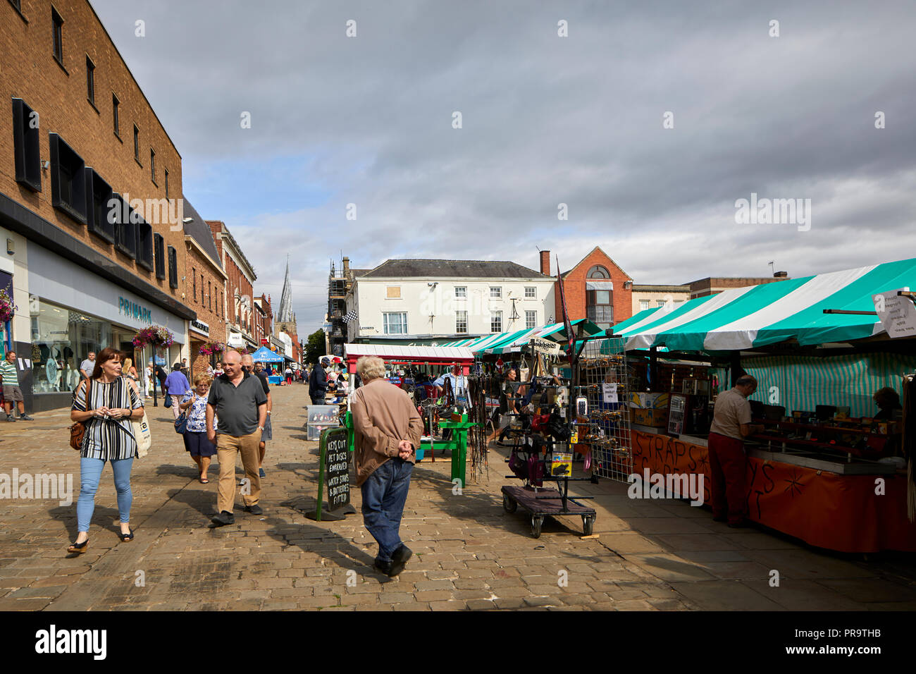 Chesterfield market town in Derbyshire market stalls outside Stock