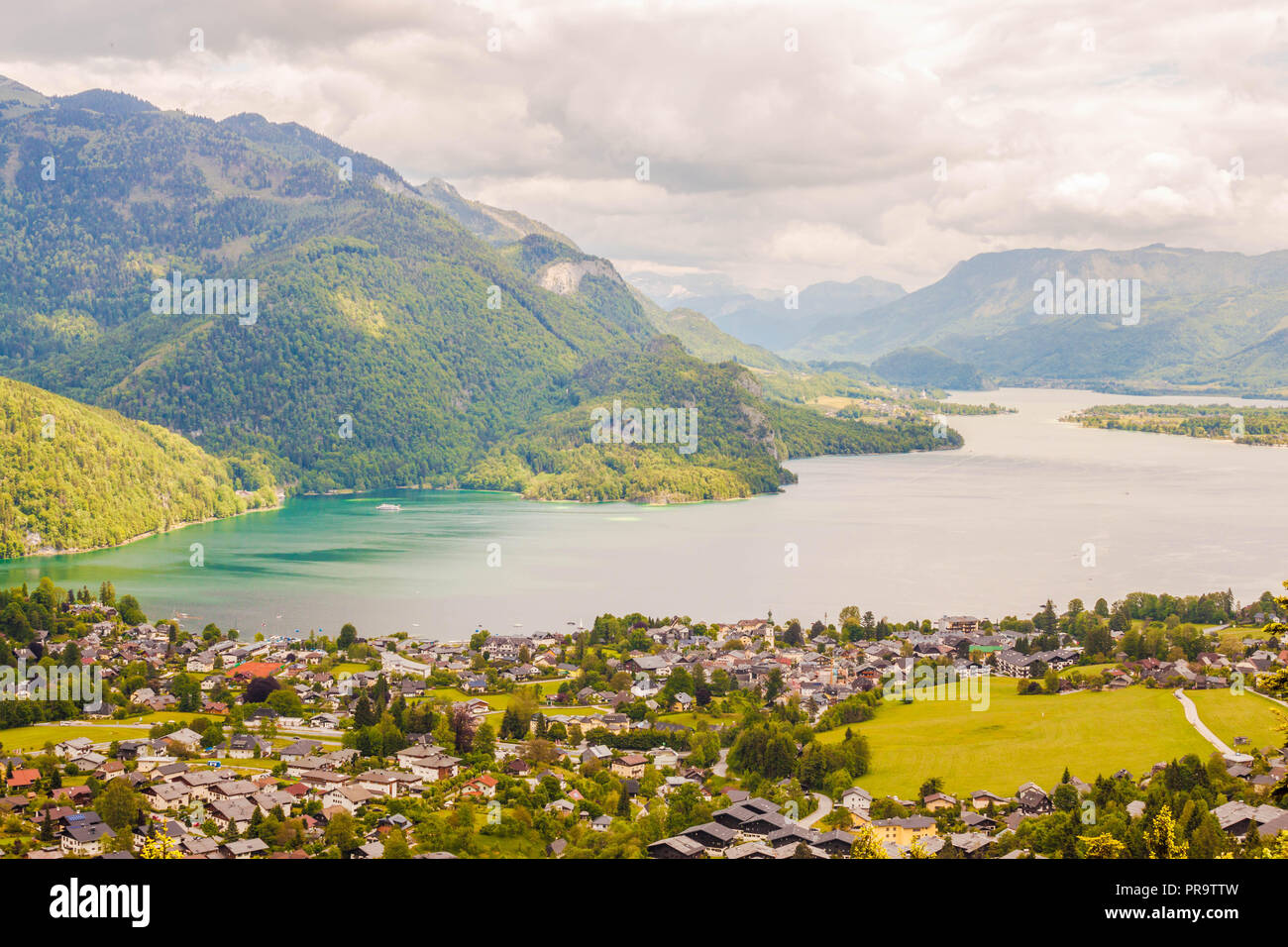 View of austrian alpine village St. Gilgen and Wolfgangsee lake from ...
