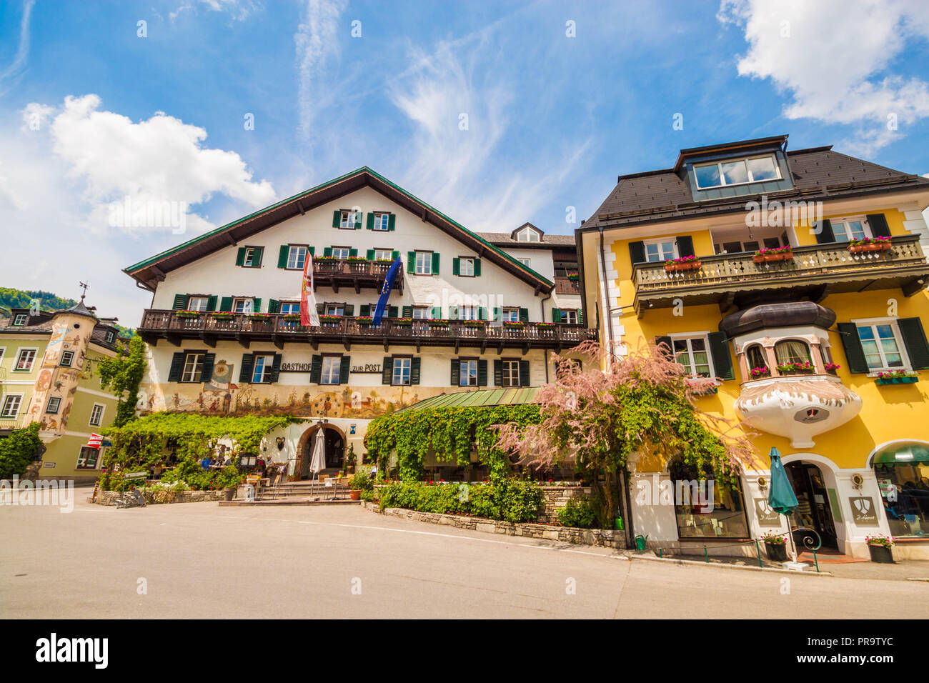St. Gilgen, Austria - May 23, 2017: Hotel Gasthof Zur Post in a typical austrian house on the main square of austrian town St. Gilgen. Stock Photo