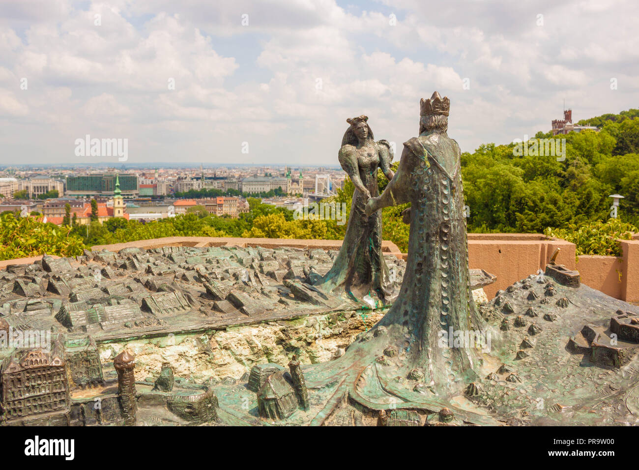 Budapest, Hungary - June 6, 2017: Sculptural composition of prince Buda meeting princess Pest over Danube river. Symbol of unification of Buda and Pes Stock Photo