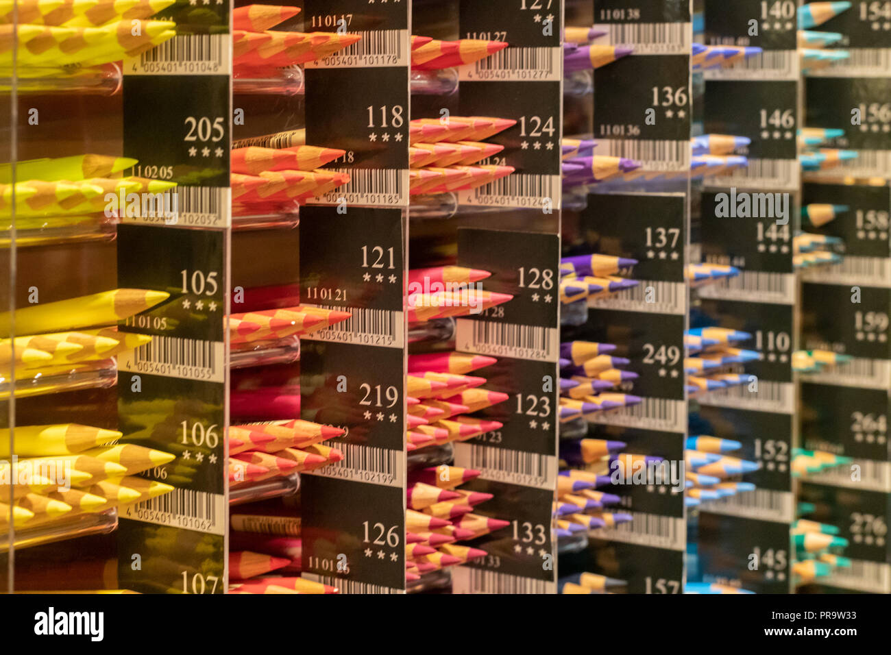Rows of color pencil categorized in a shop Stock Photo