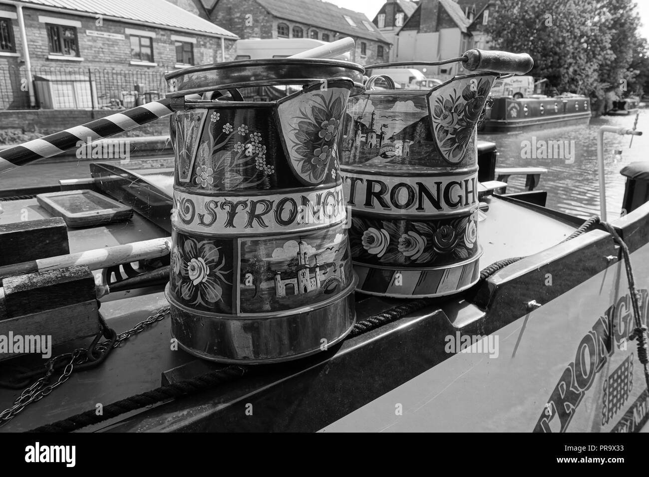 Traditional narrowboat kettles Stock Photo