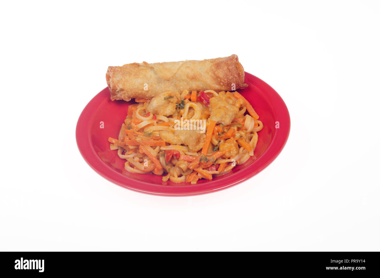 Plate of Chicken Pad Thai with a vegetable egg roll Stock Photo