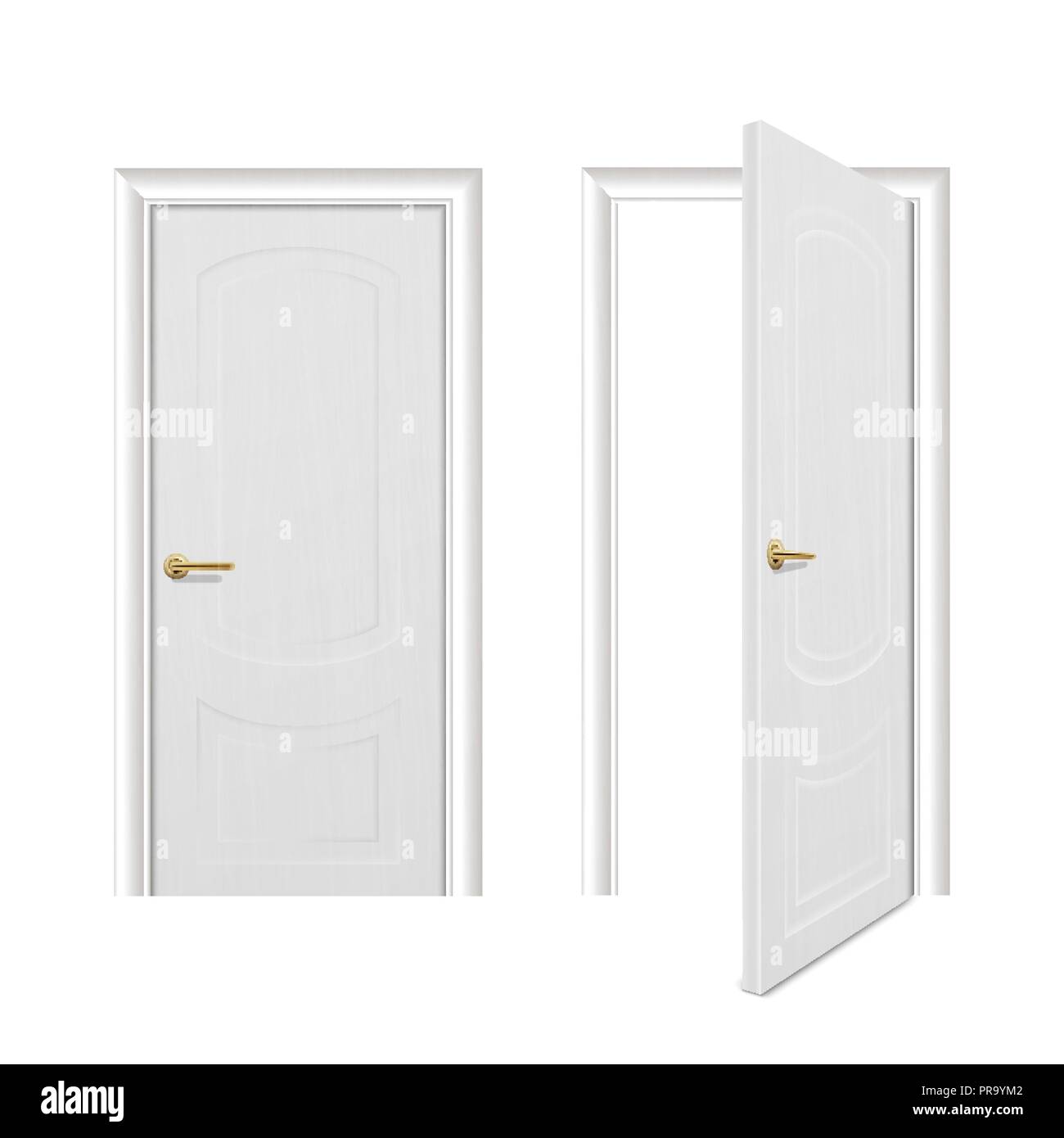 Vector realistic different opened and closed white wooden door icon set ...