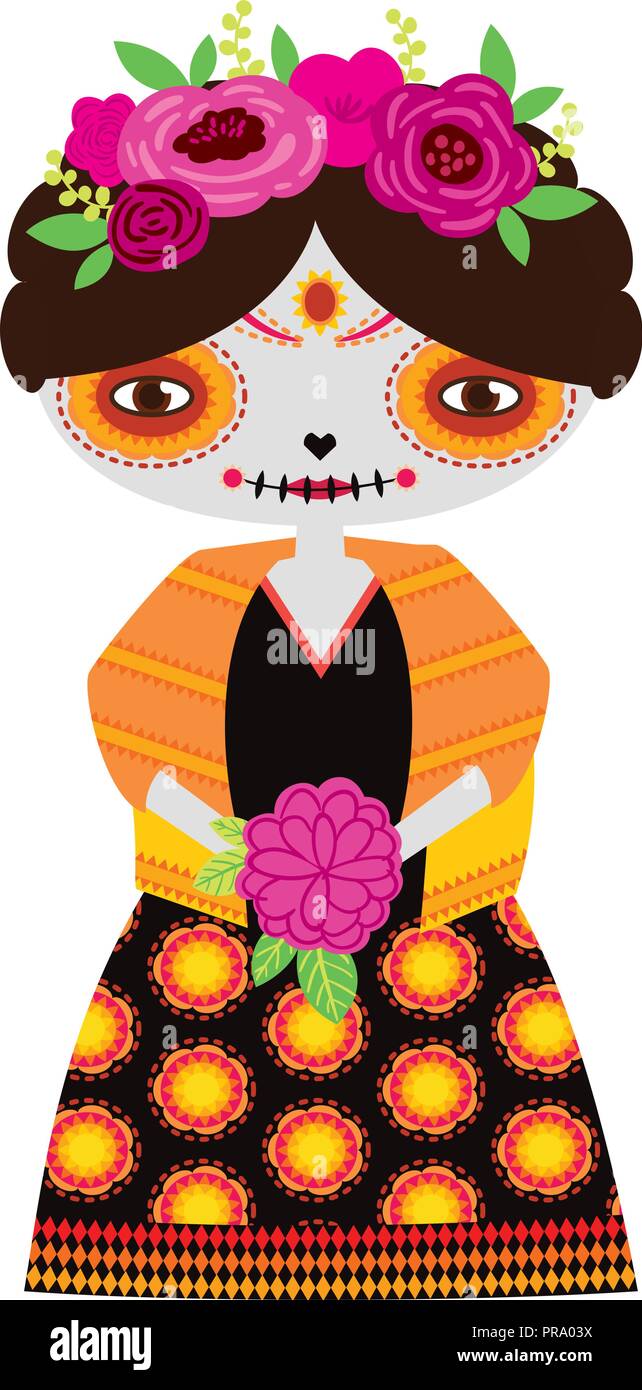 Vector illustration of yellow catrina doll on a white background. Celebrating the day of the dead mexican holiday and halloween. Stock Vector