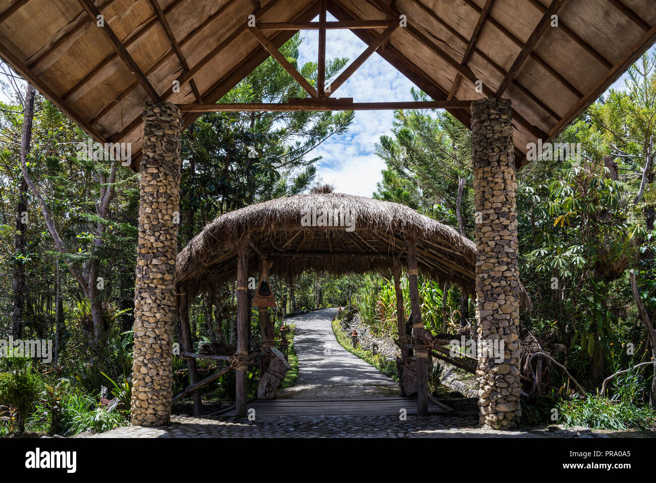 Entrance to the main lodge of the Baliem Valley Resort. Wamena, Papua, Indonesia. Stock Photo