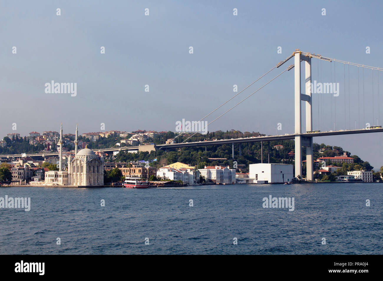 View of old, historical Ortakoy Mosque by Bosphorus, the bridge and European side of Istanbul. Stock Photo