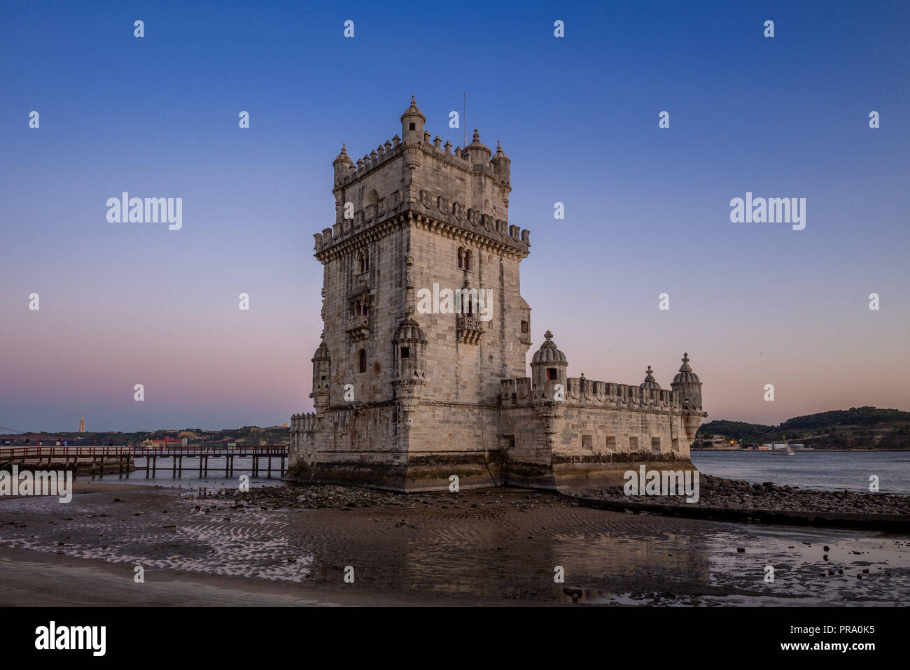 belem tower in belem district of lisbon at dusk Stock Photo