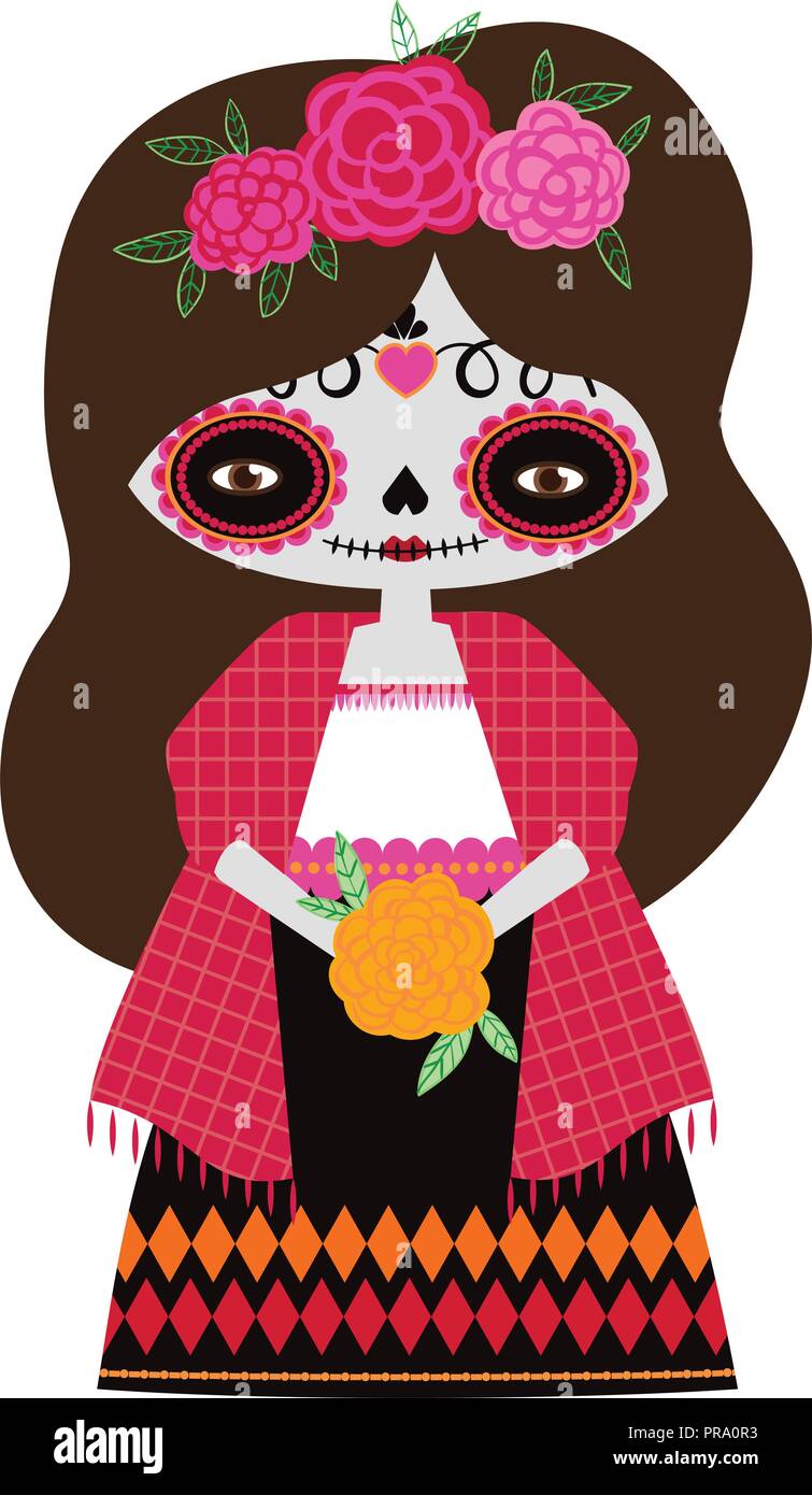 Vector illustration of red catrina doll on a white background. Celebrating the day of the dead and Halloween. Use in scrapbooking, crafts Stock Vector