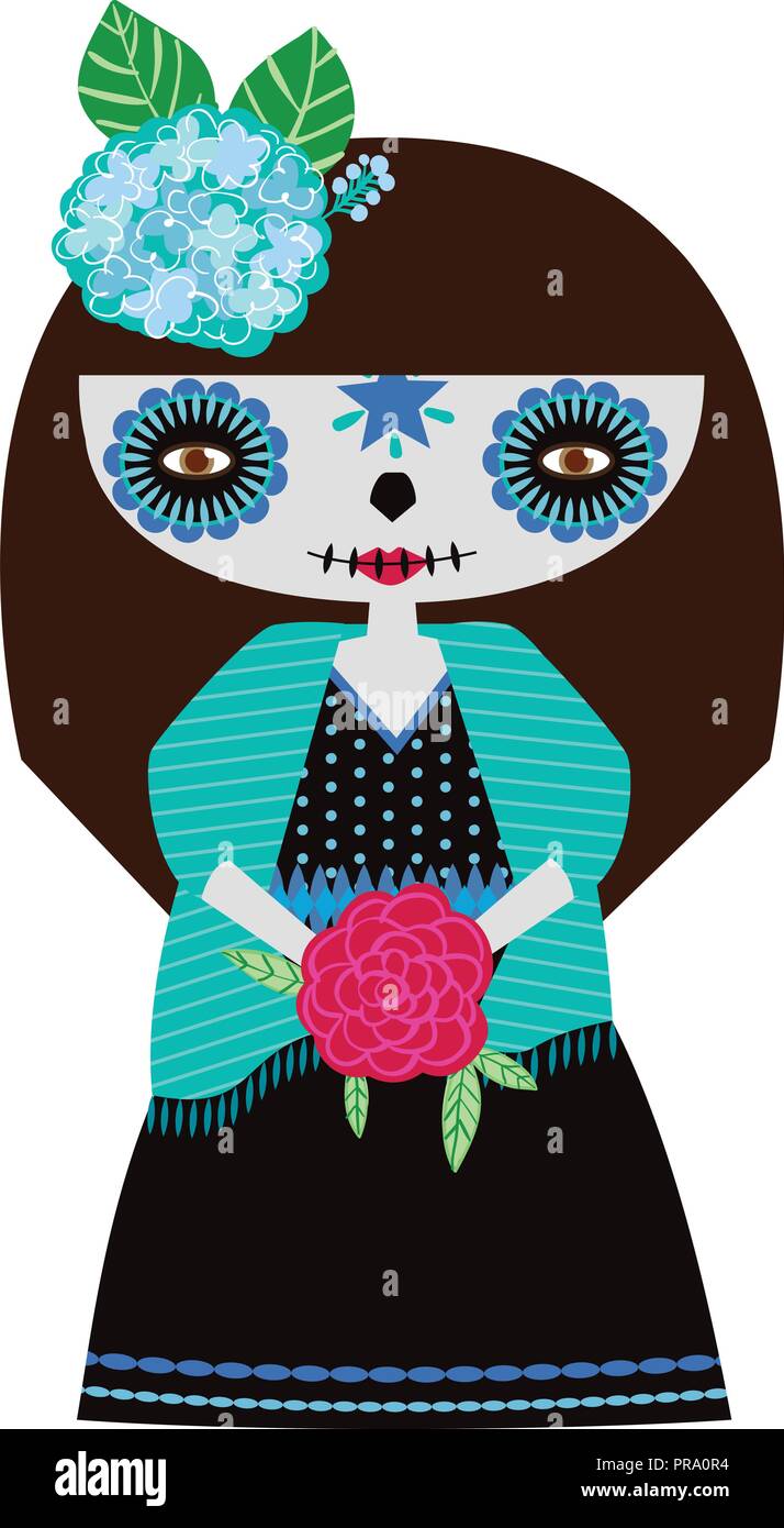 Vector illustration of blue catrina doll on a white background. Celebrating the day of the dead and Halloween. Use in scrapbooking, crafts, fabrics Stock Vector