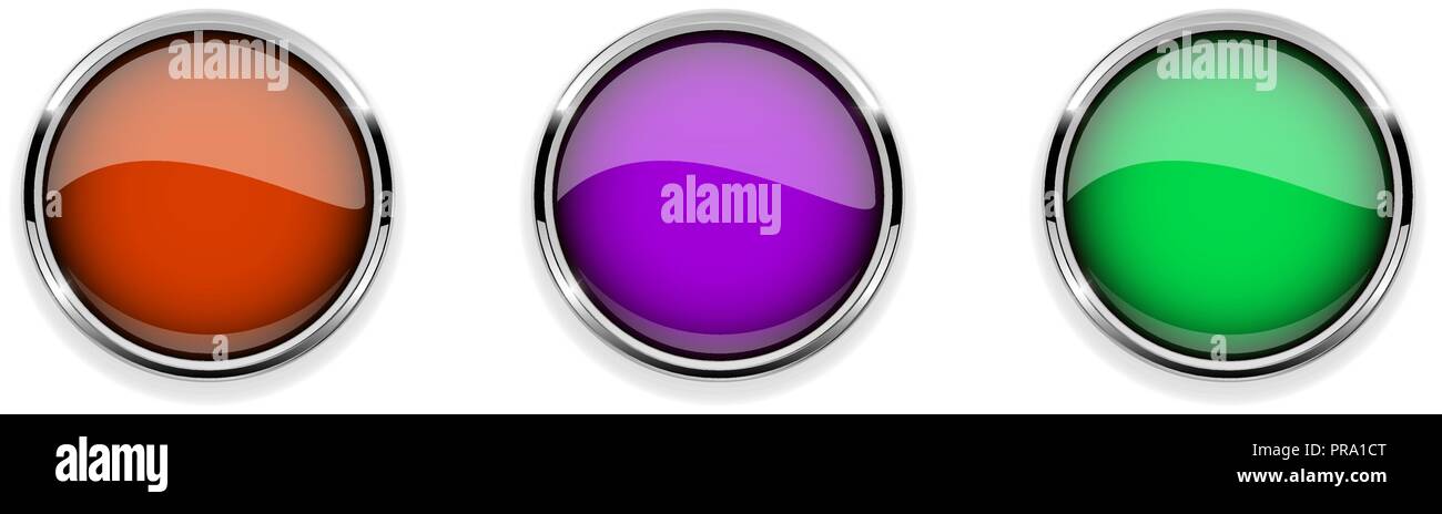 Colored glass 3d buttons with chrome frame. Round icons Stock Vector