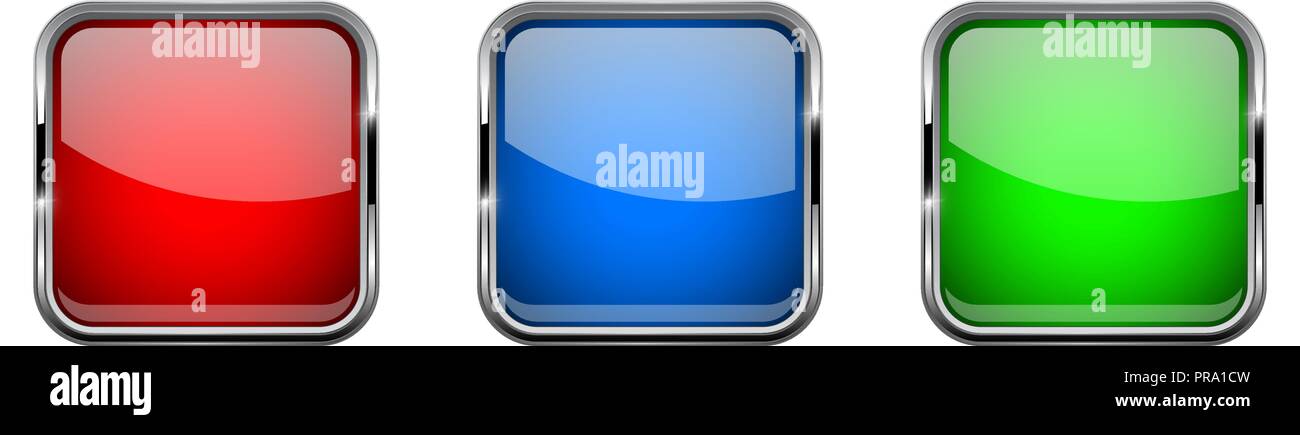 Colored glass 3d buttons with chrome frame. Square icons Stock Vector