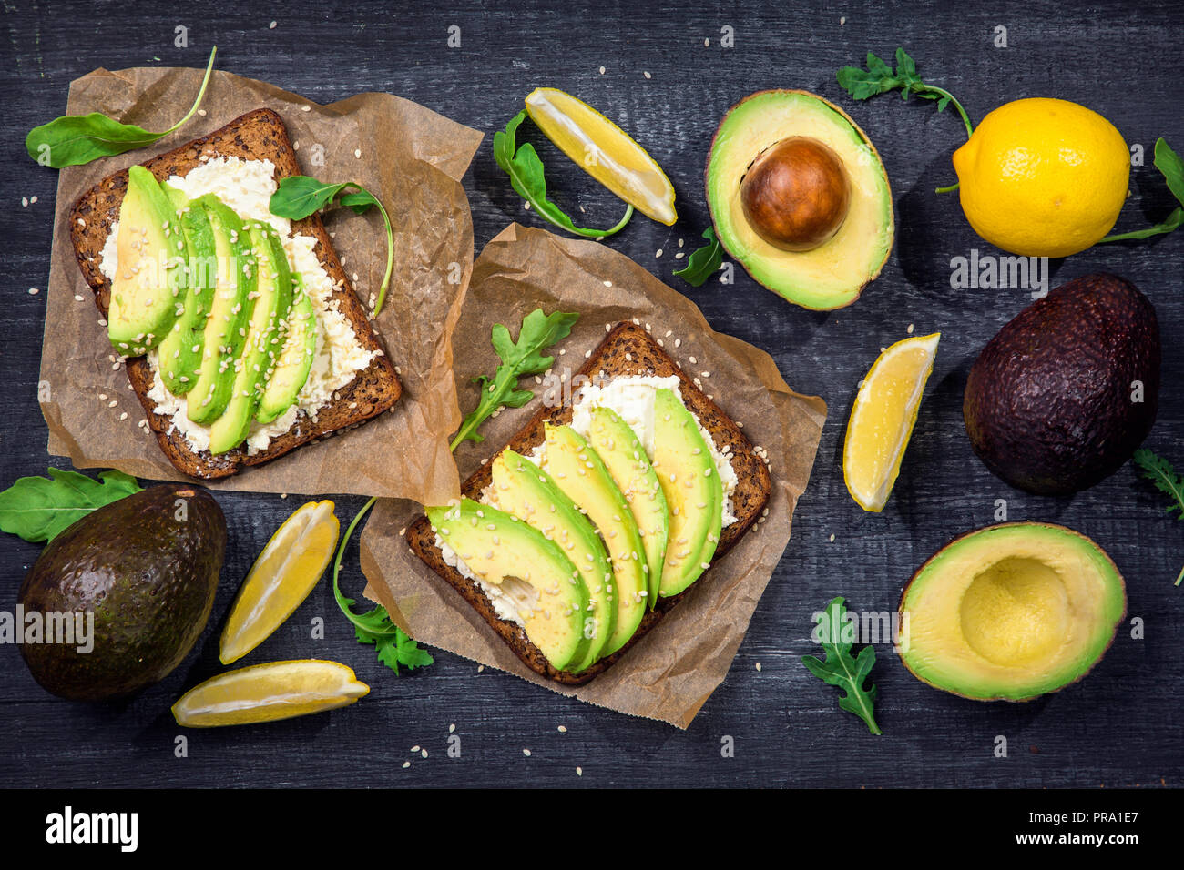 Sandwiches with rye bread, guacamole and fresh avocados Stock Photo Alamy