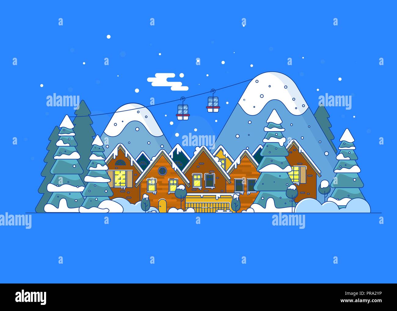 Winter holidays in the mountains concept banner. Snowy night in cozy