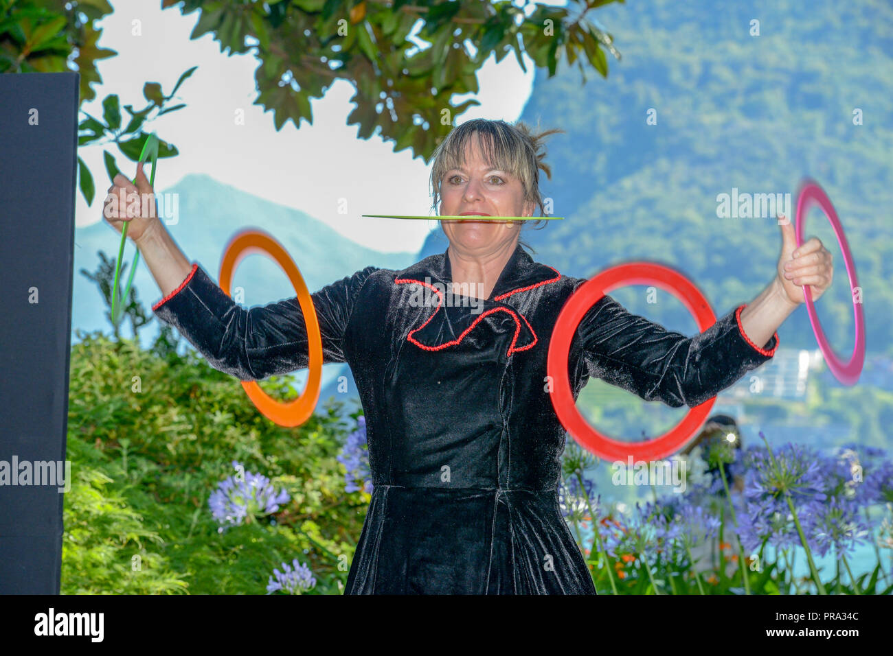 Lugano, Switzerland - 17 July 2016 - juggler Gaby Schmutz of Duo Full House at Buskers Festival in Lugano, Switzerland Stock Photo