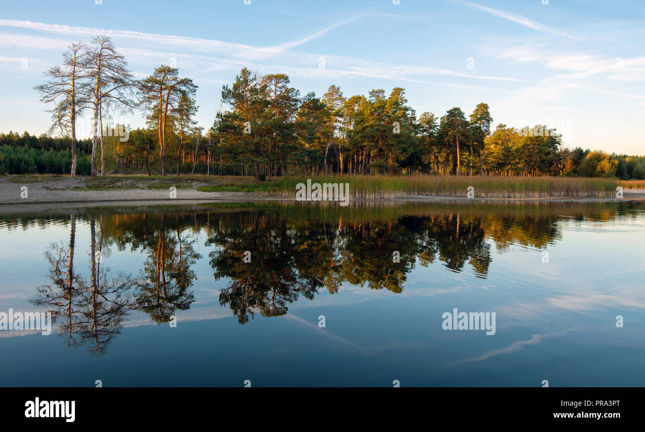 Beautiful landscape of the lake at colorful sunset. Trees reflecting in ...