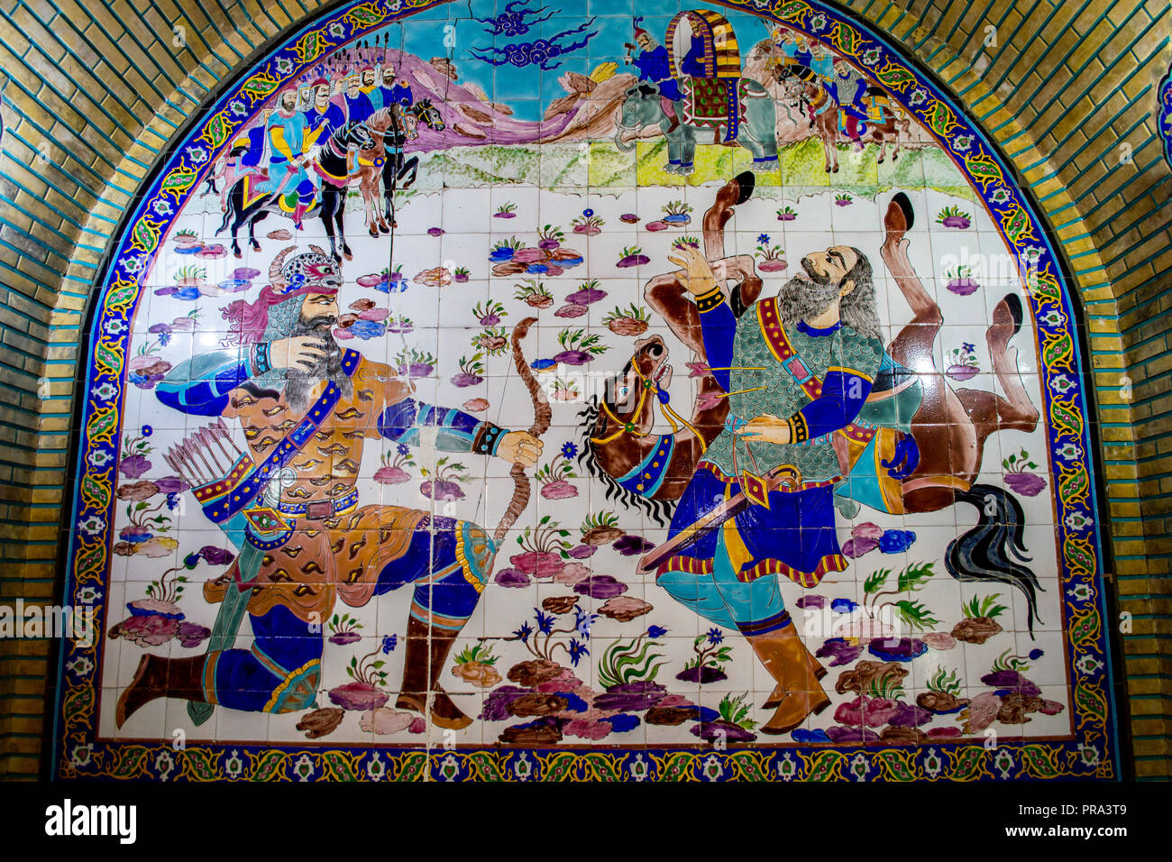 A drawing depicting a scene from Ferdowsi's poem 'Shahname' in a tea room at Afif Abad Garden in Shiraz, Iran Stock Photo