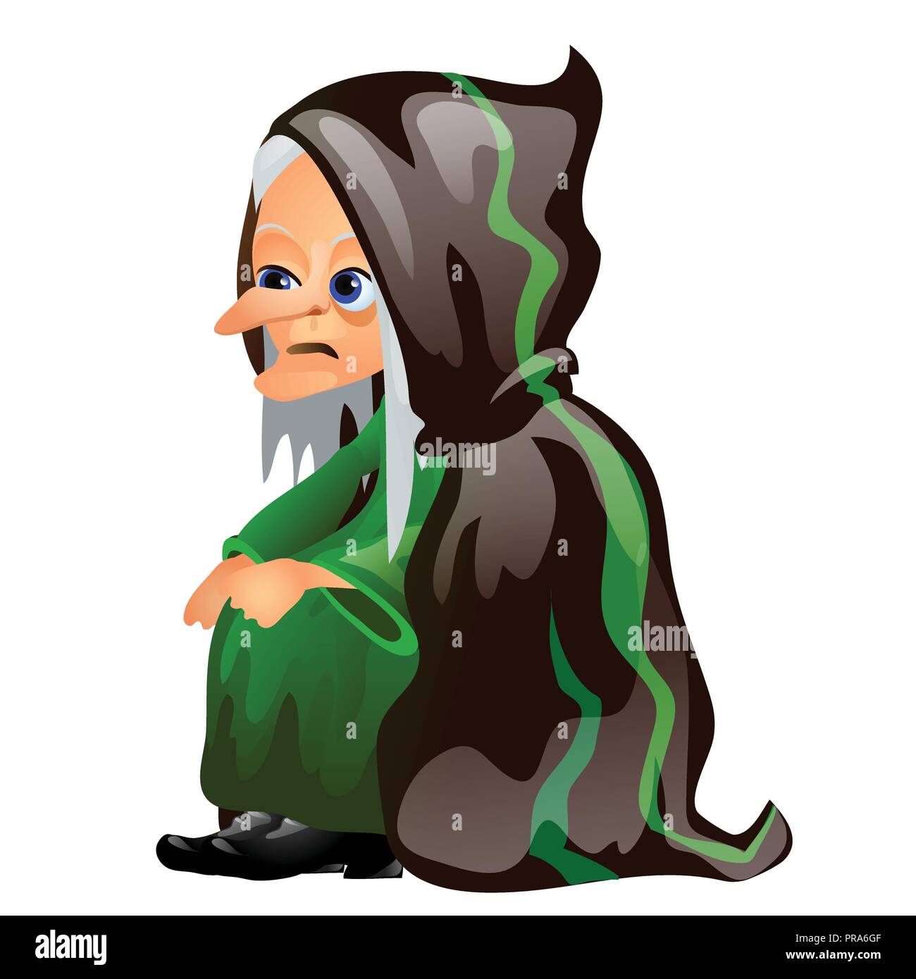Old gray-haired witch in a black and green cloak isolated on white background. Sketch for a poster or card for the holiday of all evil spirits Halloween. Vector cartoon close-up illustration. Stock Vector