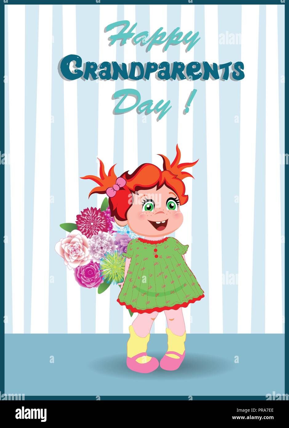 Grandparents day greeting card with cute cartoon little grandchild girl with beautiful bouquet of flowers on striped wallpaper background. Vector illu Stock Vector